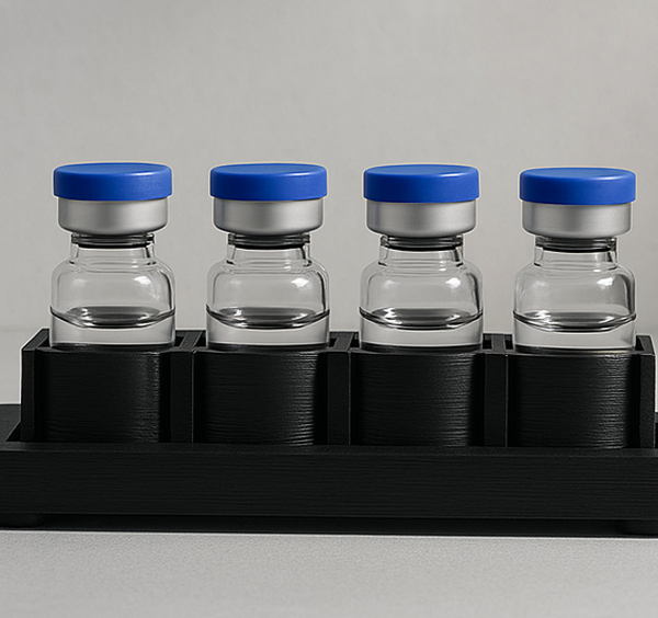 Four vials with blue caps in holder.