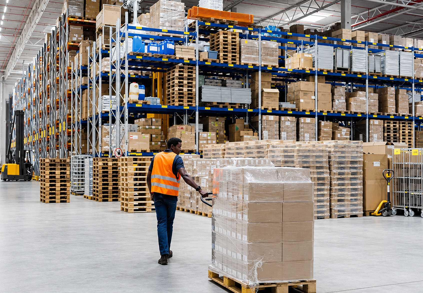 Worker moving pallet in large warehouse.